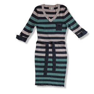 Pink Rose Big Girls Sweater Dress Ribbed Knit Striped Gray Green Bodycon Size L